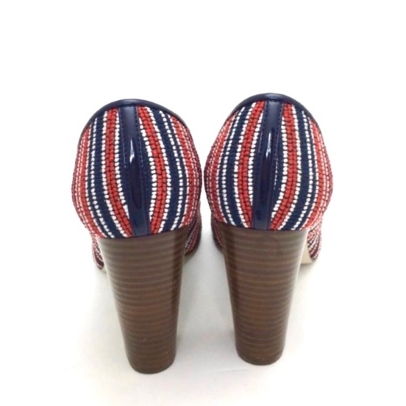 J.CREW Etta Tweed Woven Stripe Round Toe Block Heel Pumps in Blue with Red - Picture 7 of 9